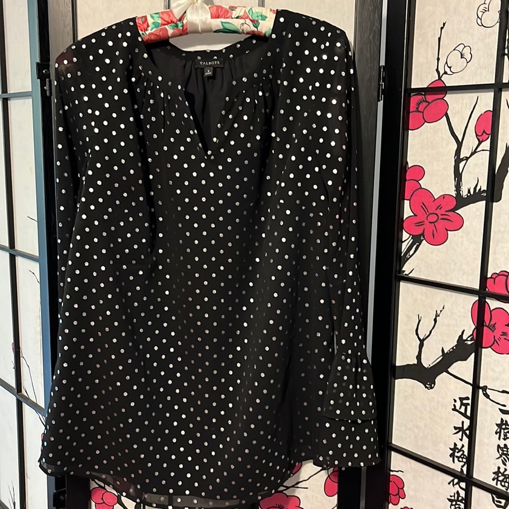Talbots Black Foil Dot Blouse Size S Holiday